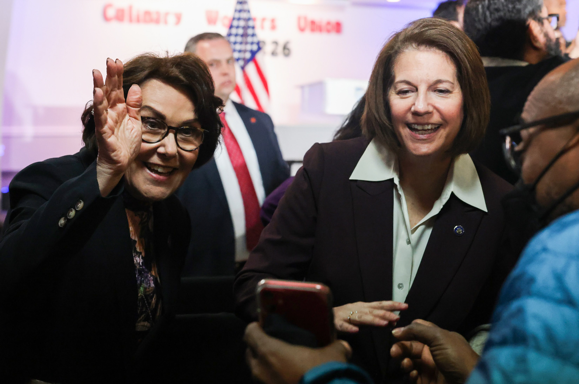 Sen. Jacky Rosen, left, (D-NV) and Sen. Catherine Cortez Masto (D-NV) before Vice President Kamala Harris speaks to members of the Culinary Workers Union Local 226 on Jan. 3, 2024.